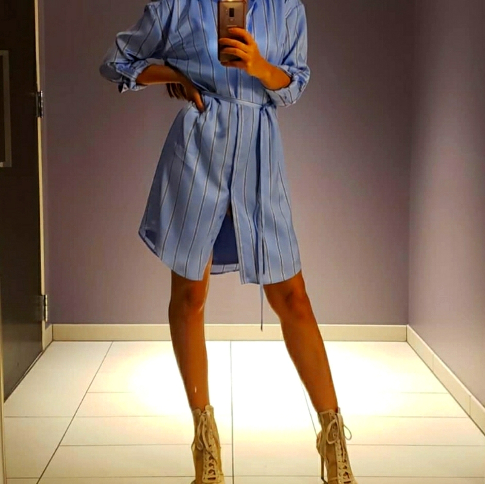 Express blue satiny shirt dress